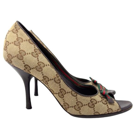 Gucci Heels GG Guccissima Supreme Canvas Red Green Web Ophidia Bow Peep Toe 36.5 - Picture 5 of 9